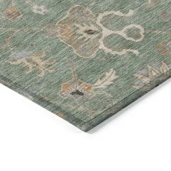 8' X 10' Artichoke Green Ivory And Coral Floral Washable Indoor Outdoor Area Rug