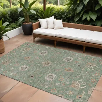 9' X 12' Artichoke Green Ivory And Coral Floral Washable Indoor Outdoor Area Rug