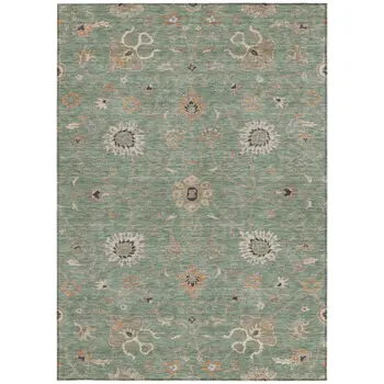 9' X 12' Artichoke Green Ivory And Coral Floral Washable Indoor Outdoor Area Rug