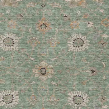 10' X 14' Artichoke Green Ivory And Coral Floral Washable Indoor Outdoor Area Rug
