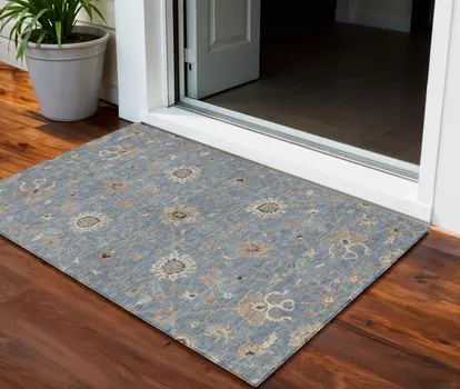 3' X 5' Denim Blue Ivory And Coral Floral Washable Indoor Outdoor Area Rug