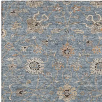 3' X 5' Denim Blue Ivory And Coral Floral Washable Indoor Outdoor Area Rug