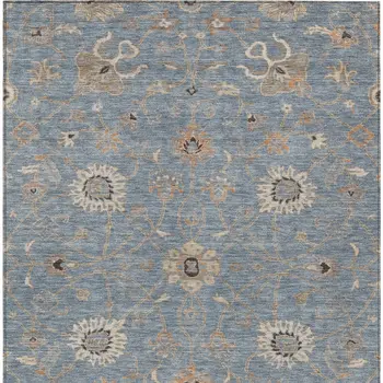 5' X 8' Denim Blue Ivory And Coral Floral Washable Indoor Outdoor Area Rug