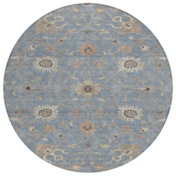 8' Denim Blue Ivory And Coral Round Floral Washable Indoor Outdoor Area Rug