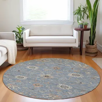 8' Denim Blue Ivory And Coral Round Floral Washable Indoor Outdoor Area Rug