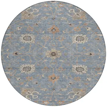 8' Denim Blue Ivory And Coral Round Floral Washable Indoor Outdoor Area Rug