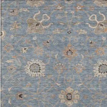 8' X 10' Denim Blue Ivory And Coral Floral Washable Indoor Outdoor Area Rug