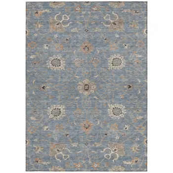9' X 12' Denim Blue Ivory And Coral Floral Washable Indoor Outdoor Area Rug