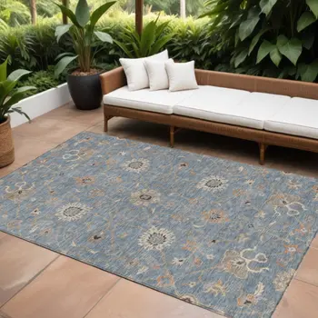 9' X 12' Denim Blue Ivory And Coral Floral Washable Indoor Outdoor Area Rug