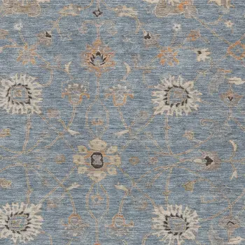 9' X 12' Denim Blue Ivory And Coral Floral Washable Indoor Outdoor Area Rug