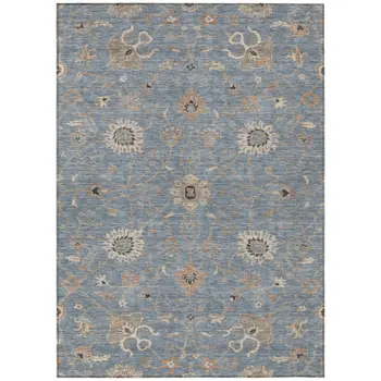 10' X 14' Denim Blue Ivory And Coral Floral Washable Indoor Outdoor Area Rug