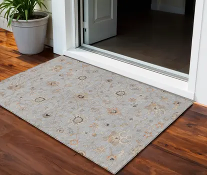 3' X 5' Gray Beige And Coral Floral Washable Indoor Outdoor Area Rug
