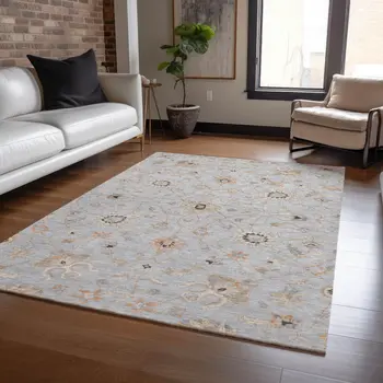 3' X 5' Gray Beige And Coral Floral Washable Indoor Outdoor Area Rug