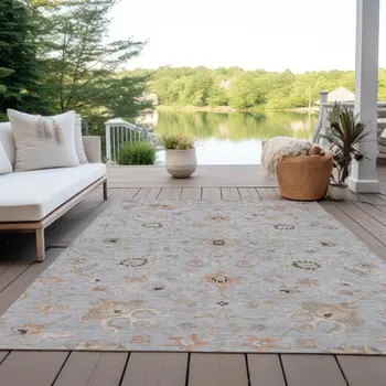 5' X 8' Gray Beige And Coral Floral Washable Indoor Outdoor Area Rug
