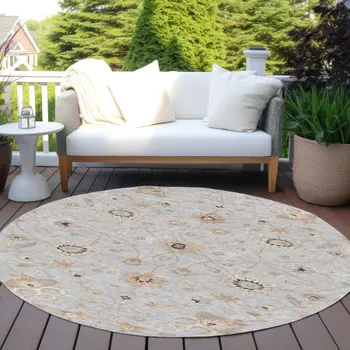 8' Gray Beige And Coral Round Floral Washable Indoor Outdoor Area Rug