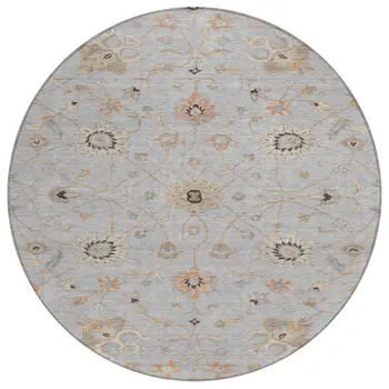 8' Gray Beige And Coral Round Floral Washable Indoor Outdoor Area Rug