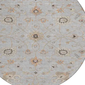 8' Gray Beige And Coral Round Floral Washable Indoor Outdoor Area Rug