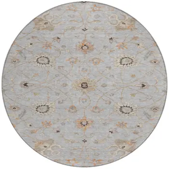 8' Gray Beige And Coral Round Floral Washable Indoor Outdoor Area Rug