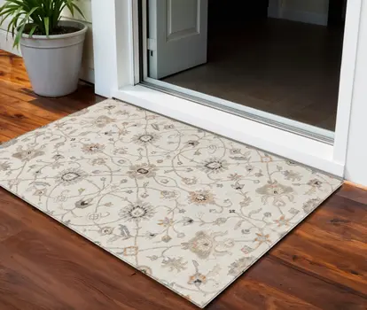 3' X 5' Ivory Brown And Coral Floral Washable Indoor Outdoor Area Rug
