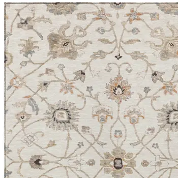 5' X 8' Ivory Brown And Coral Floral Washable Indoor Outdoor Area Rug
