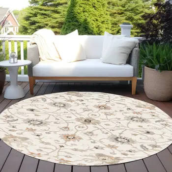 8' Ivory Brown And Coral Round Floral Washable Indoor Outdoor Area Rug