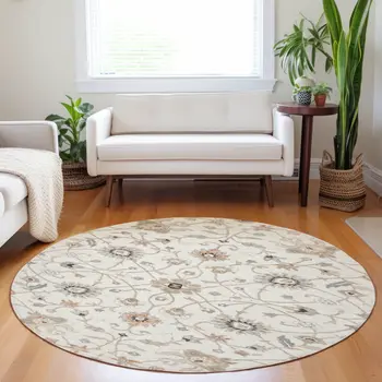 8' Ivory Brown And Coral Round Floral Washable Indoor Outdoor Area Rug