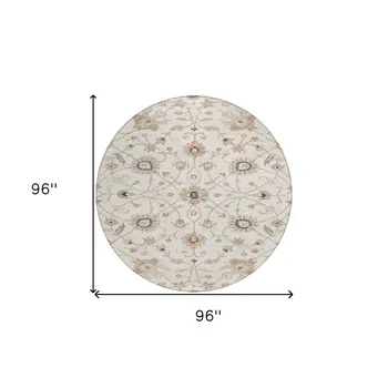 8' Ivory Brown And Coral Round Floral Washable Indoor Outdoor Area Rug