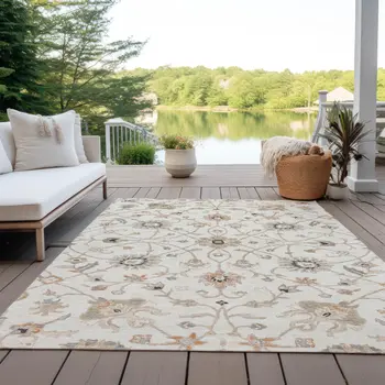 8' X 10' Ivory Brown And Coral Floral Washable Indoor Outdoor Area Rug