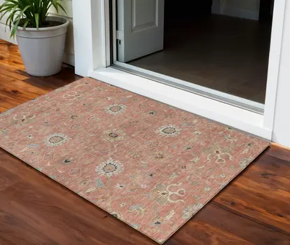 3' X 5' Pink Gray And Beige Floral Washable Indoor Outdoor Area Rug