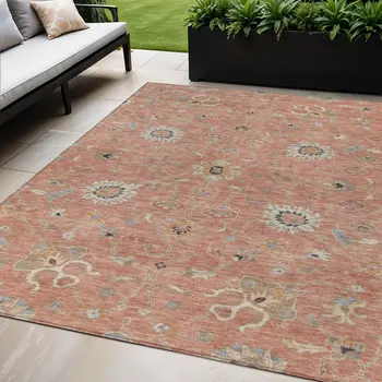 5' X 8' Pink Gray And Beige Floral Washable Indoor Outdoor Area Rug