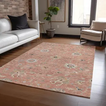 5' X 8' Pink Gray And Beige Floral Washable Indoor Outdoor Area Rug