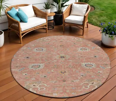 8' Pink Gray And Beige Round Floral Washable Indoor Outdoor Area Rug