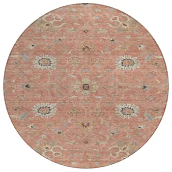 8' Pink Gray And Beige Round Floral Washable Indoor Outdoor Area Rug