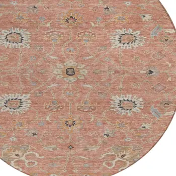 8' Pink Gray And Beige Round Floral Washable Indoor Outdoor Area Rug