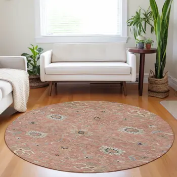 8' Pink Gray And Beige Round Floral Washable Indoor Outdoor Area Rug