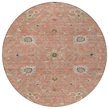 8' Pink Gray And Beige Round Floral Washable Indoor Outdoor Area Rug