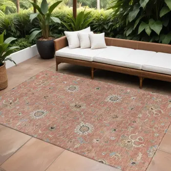 10' X 14' Pink Gray And Beige Floral Washable Indoor Outdoor Area Rug