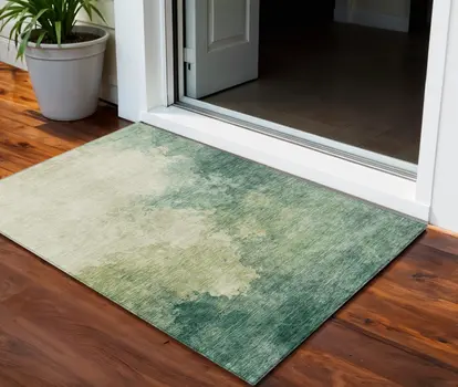 3' X 5' Green And Ivory Abstract Washable Indoor Outdoor Area Rug