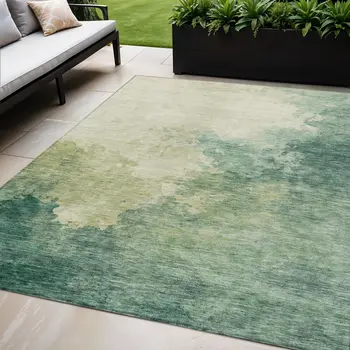 5' X 8' Green And Ivory Abstract Washable Indoor Outdoor Area Rug