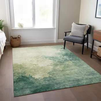 5' X 8' Green And Ivory Abstract Washable Indoor Outdoor Area Rug