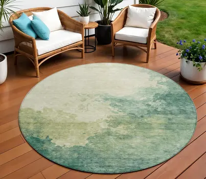 8' Green And Ivory Round Abstract Washable Indoor Outdoor Area Rug