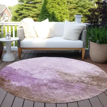 8' Lavender Brown And Ivory Round Abstract Washable Indoor Outdoor Area Rug
