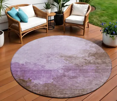 8' Lavender Brown And Ivory Round Abstract Washable Indoor Outdoor Area Rug
