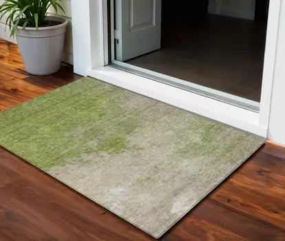 3' X 5' Olive Green And Beige Abstract Washable Indoor Outdoor Area Rug