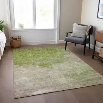5' X 8' Olive Green And Beige Abstract Washable Indoor Outdoor Area Rug