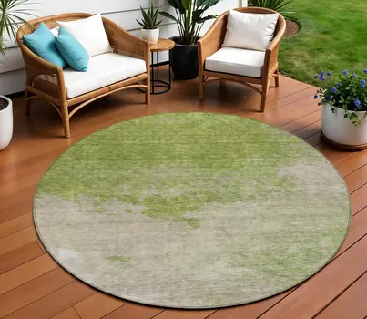 8' Olive Green And Beige Round Abstract Washable Indoor Outdoor Area Rug