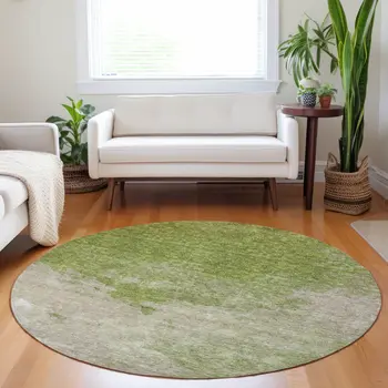 8' Olive Green And Beige Round Abstract Washable Indoor Outdoor Area Rug