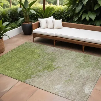 9' X 12' Olive Green And Beige Abstract Washable Indoor Outdoor Area Rug