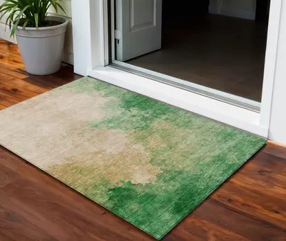 3' X 5' Peach And Green Abstract Washable Indoor Outdoor Area Rug