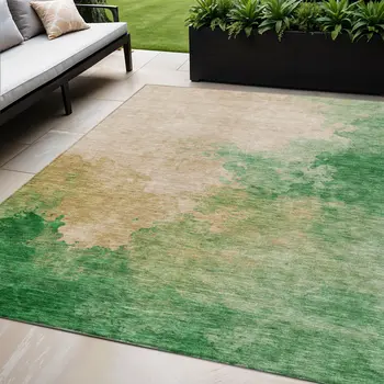 5' X 8' Peach And Green Abstract Washable Indoor Outdoor Area Rug